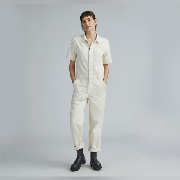 EVERLANE The Short Sleeve Denim Overall In Seeded Ecru Size 6 - Picture 12 of 15